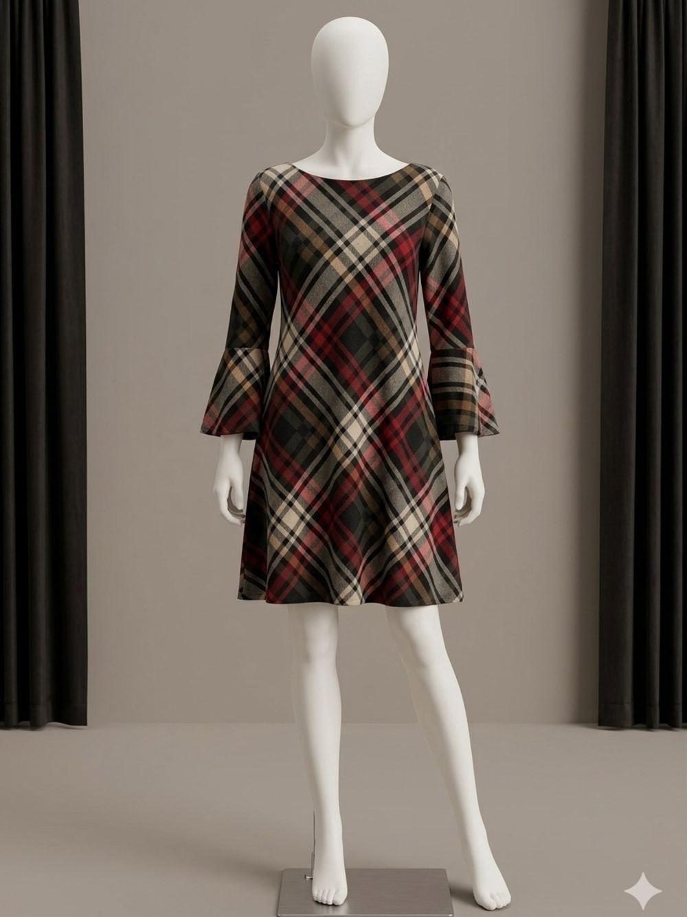 Plaid Bell-Sleeve Mini Dress in Red and Tan